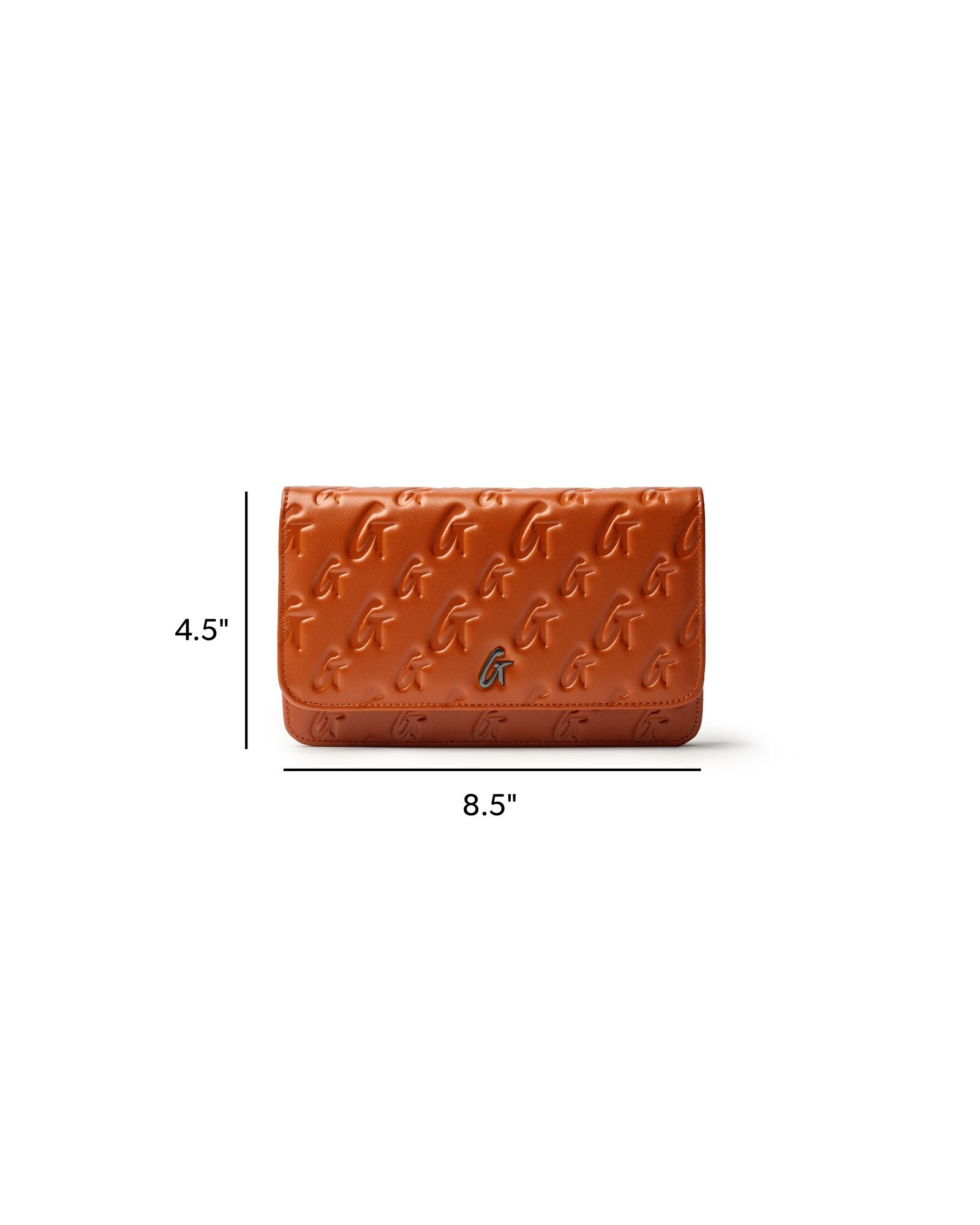 Brown monogram gunmetal wallet on a chain, featuring embossed logo design and compact dimensions of 8.5 by 4.5 inches.