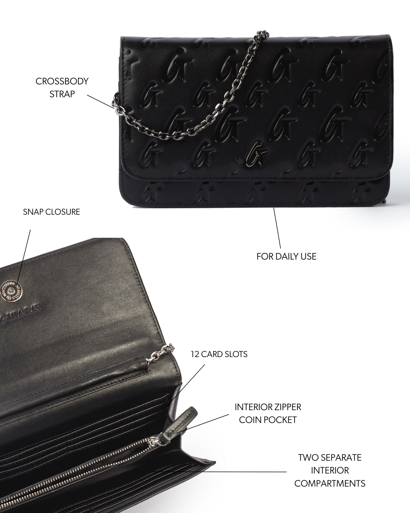Black monogram silver WOC handbag featuring a crossbody strap, snap closure, and multiple interior compartments for organization.