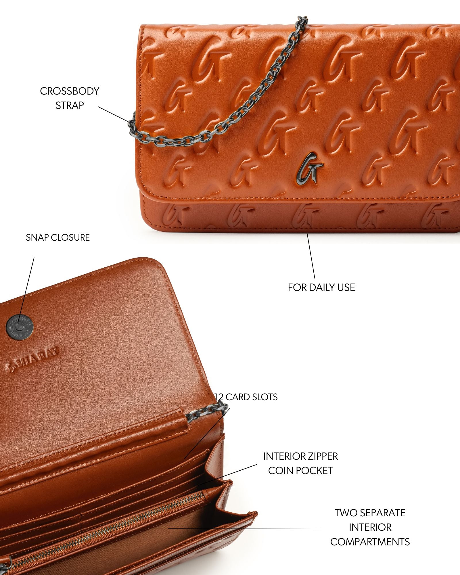 Brown monogram gunmetal wallet on a chain featuring a crossbody strap, snap closure, and multiple interior compartments.