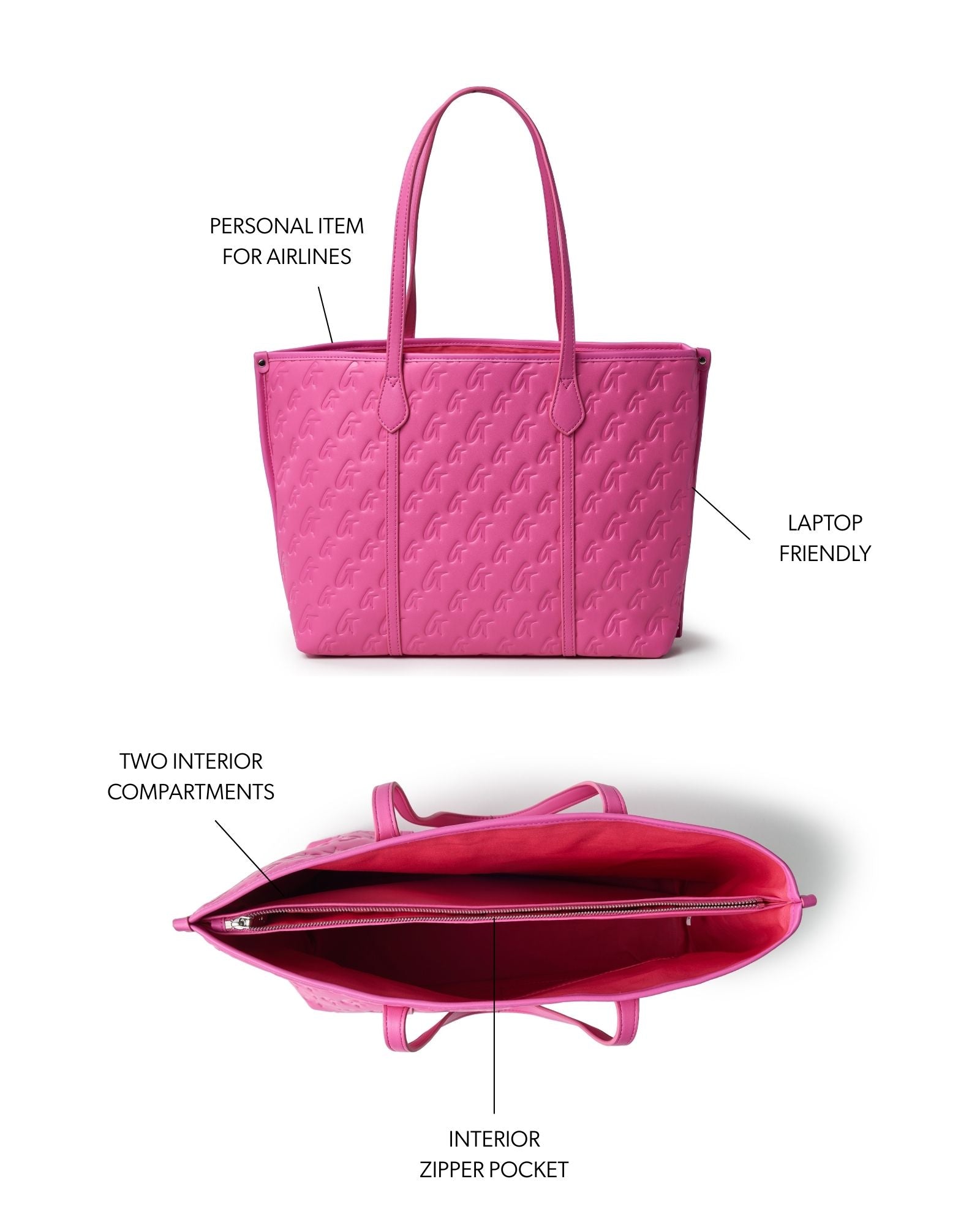 Hot pink monogram sleek tote bag with two interior compartments and a zipper pocket, designed for laptops and travel.