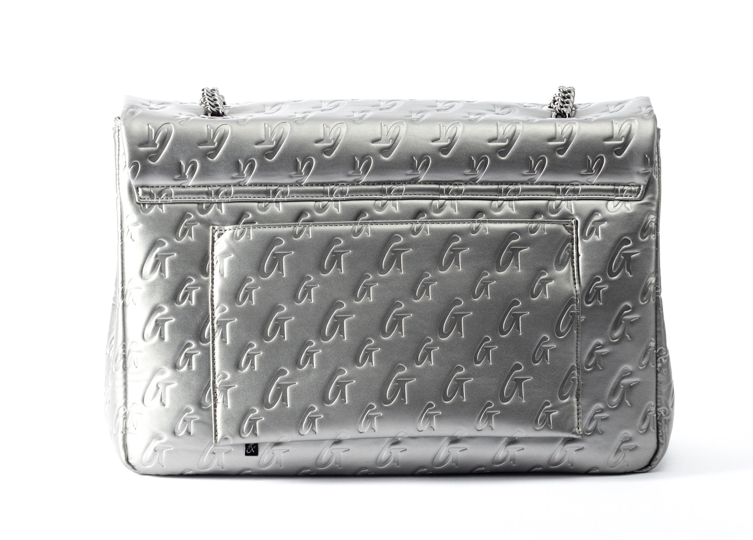 Silver XL Monogram Flap Bag with embossed G logo pattern, chain strap, and front pocket, in a sleek platinum finish.