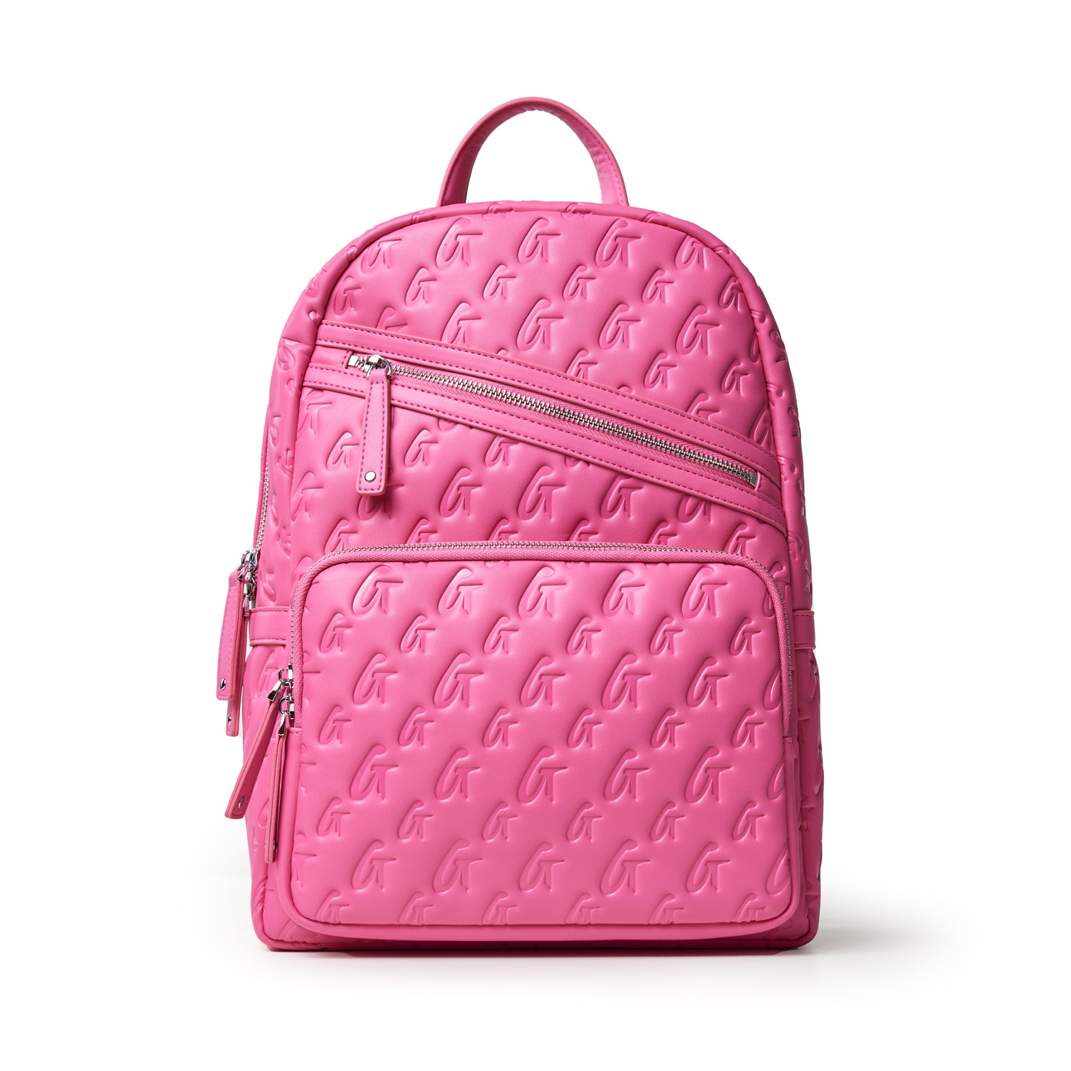 Pink monogram backpack with embossed G logo pattern, multiple zippered compartments, and a top handle.