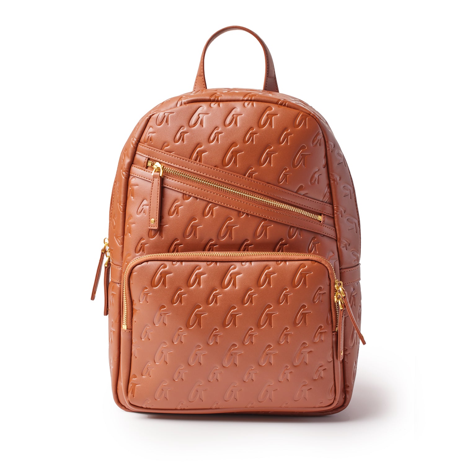 Brown unisex backpack with embossed monogram pattern, gold zippers, and multiple compartments.