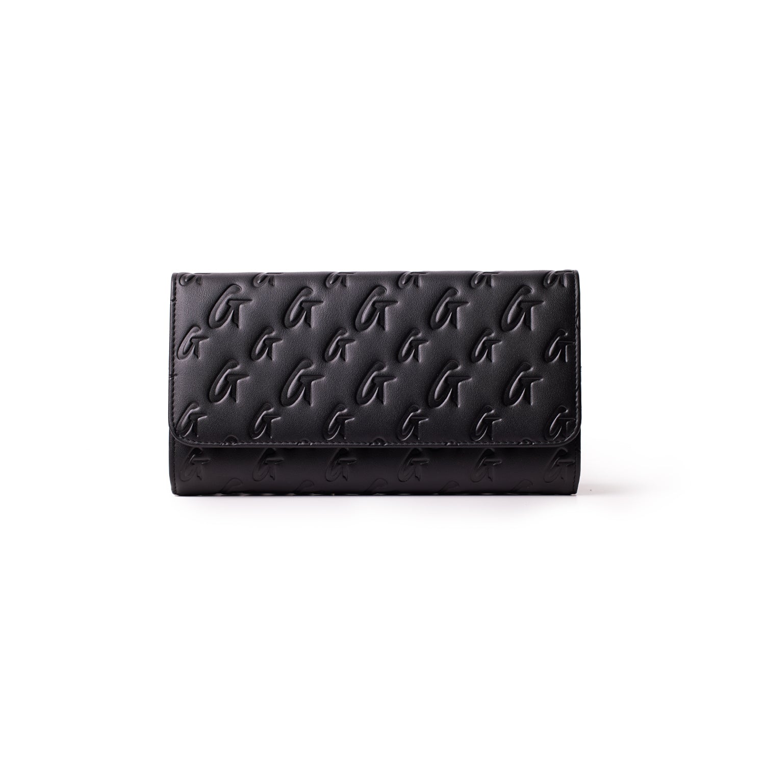 Black matte travel wallet with embossed G monogram pattern, sleek design, and fold-over flap.