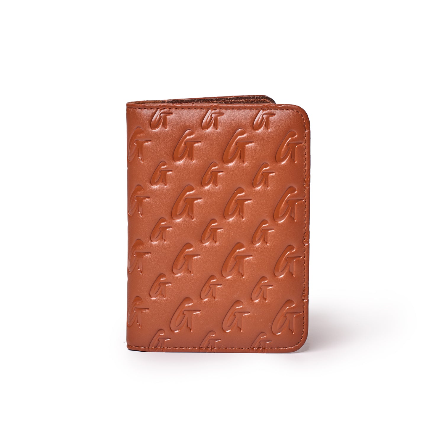 Brown monogram passport holder with embossed "G" pattern, sleek design, and stitched edges.