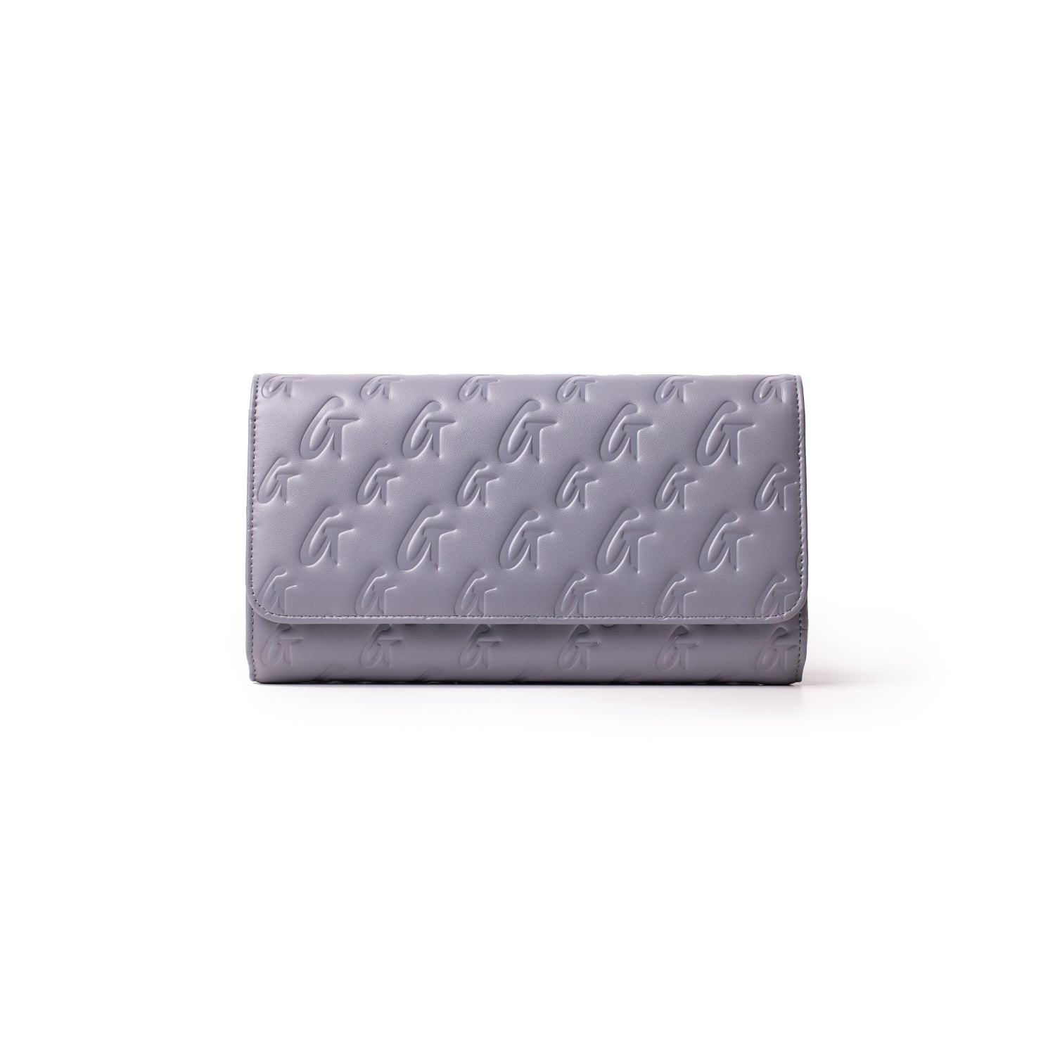Gray Monogram Travel Wallet with embossed G pattern, sleek design, and fold-over flap for secure travel organization.