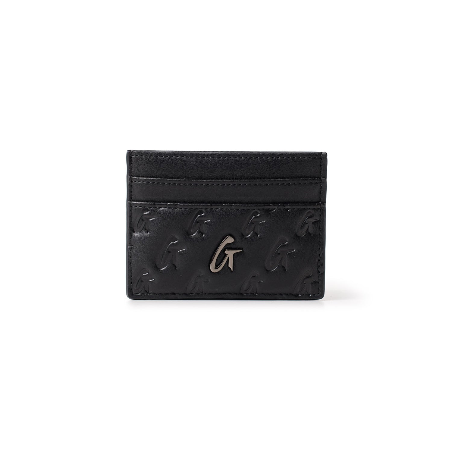 Black gunmetal monogram card holder with embossed "G" pattern and a metallic "G" logo on the front.