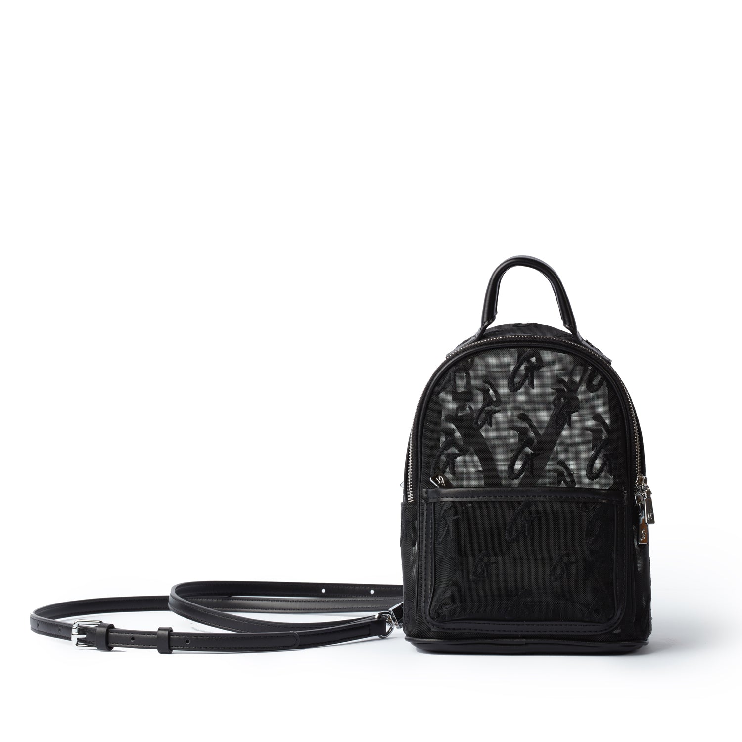 Mini mesh monogram backpack in black with a front zip pocket and adjustable shoulder strap, featuring a subtle monogram pattern.