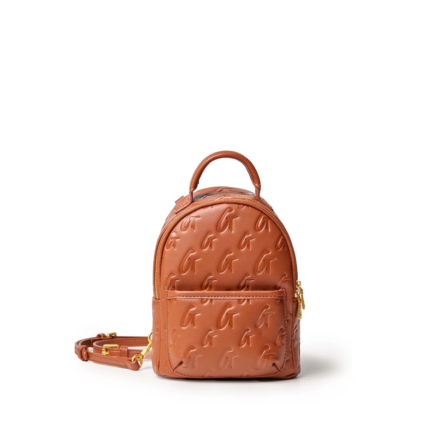Mini brown monogram backpack with embossed G pattern, gold hardware, front pocket, and adjustable shoulder straps.
