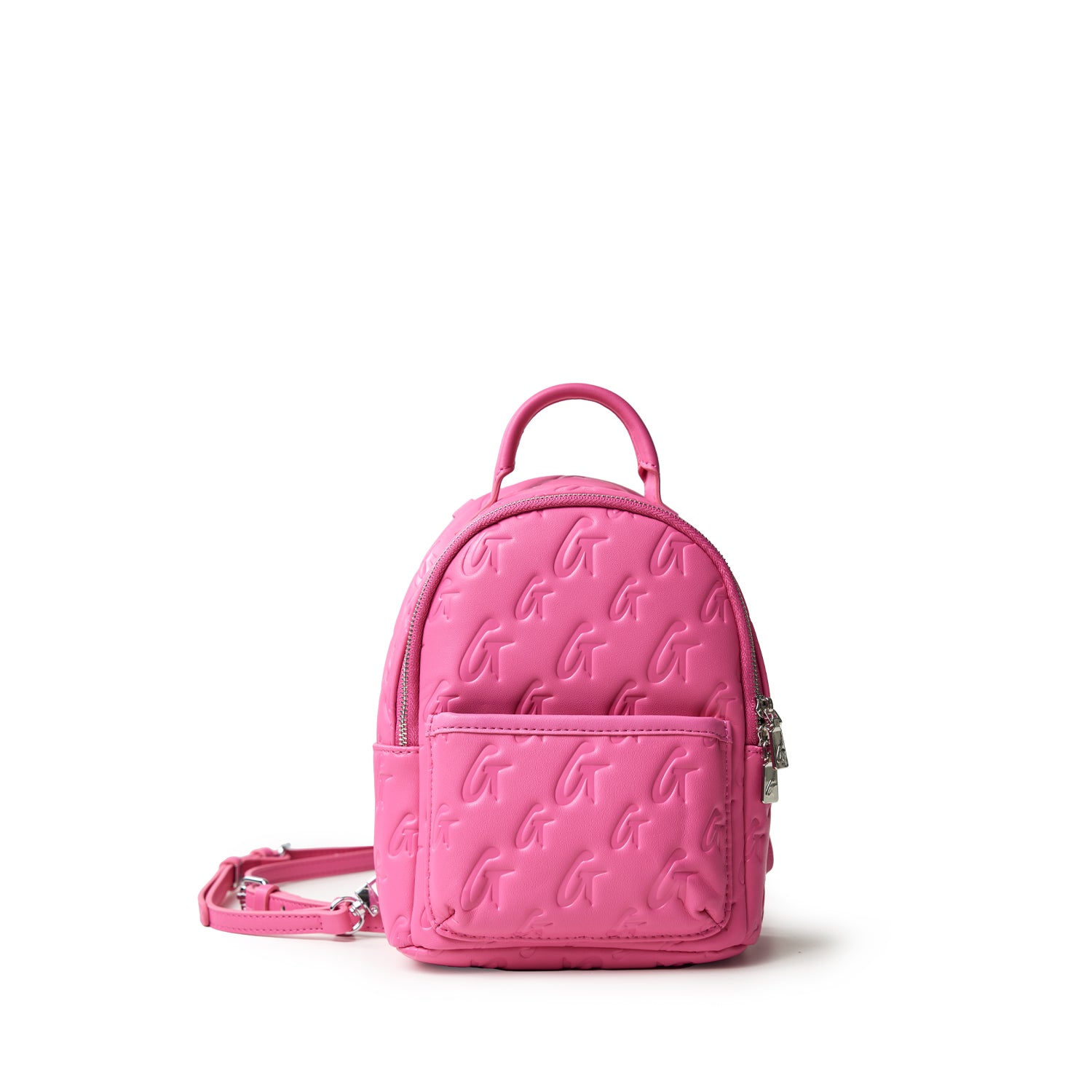 Mini pink backpack with embossed G logo pattern, front pocket, top handle, and adjustable shoulder straps.