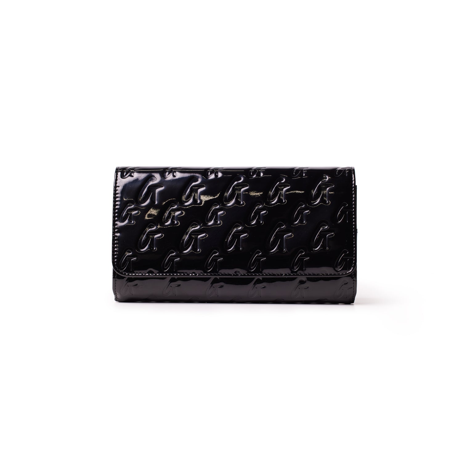 Monogram travel wallet in mirror black with embossed logo pattern, glossy finish, and sleek rectangular design.
