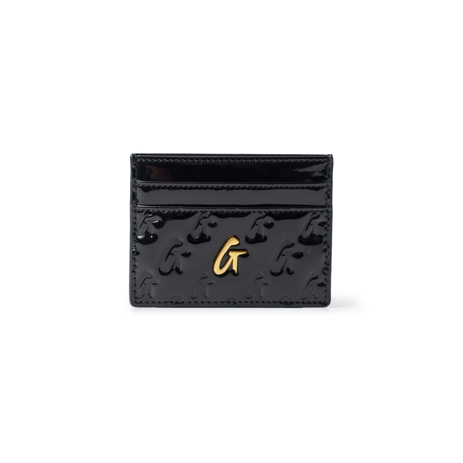 Black mirror finish card holder with gold "G" logo and embossed pattern, featuring multiple card slots.