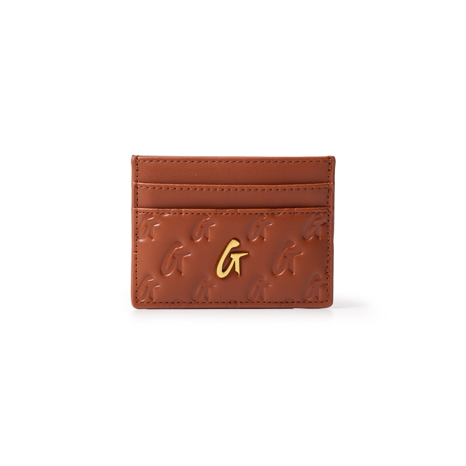 Brown Monogram Gold Card Holder with embossed logo and gold accent, featuring multiple card slots.