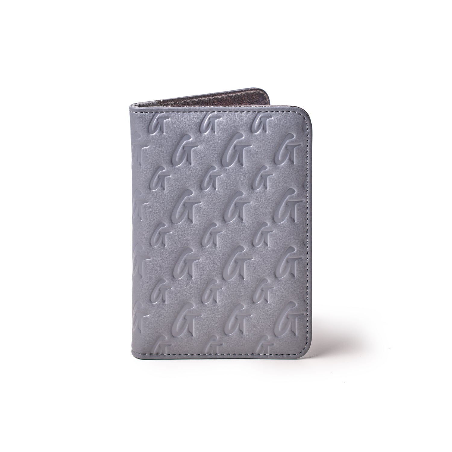 Gray monogram passport holder with embossed "G" pattern, sleek design, and stitched edges.