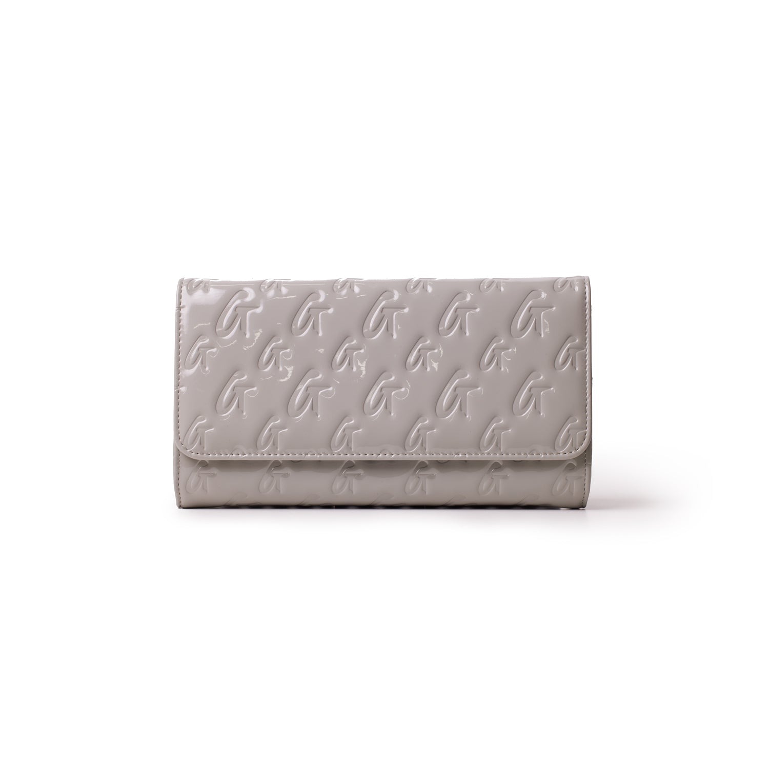Mirror gray Monogram Travel Wallet with embossed G logo pattern, sleek design, and fold-over flap.