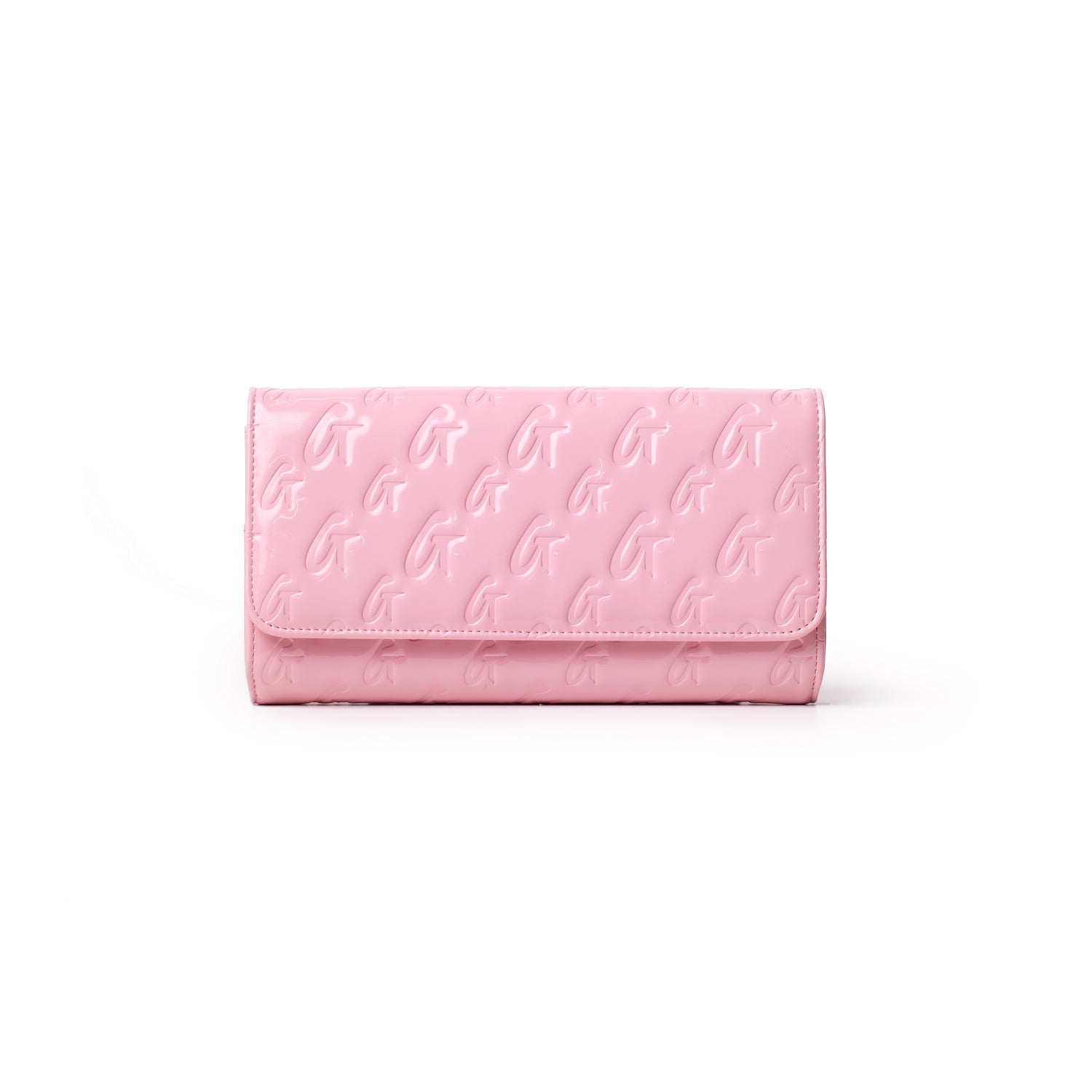 Mirror pink Monogram travel wallet with embossed G logo pattern, sleek rectangular design, and fold-over flap.