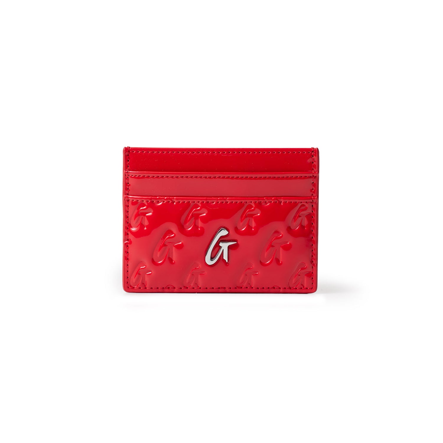 Red mirror-finish silver card holder with embossed G patterns and a silver logo, featuring multiple card slots.