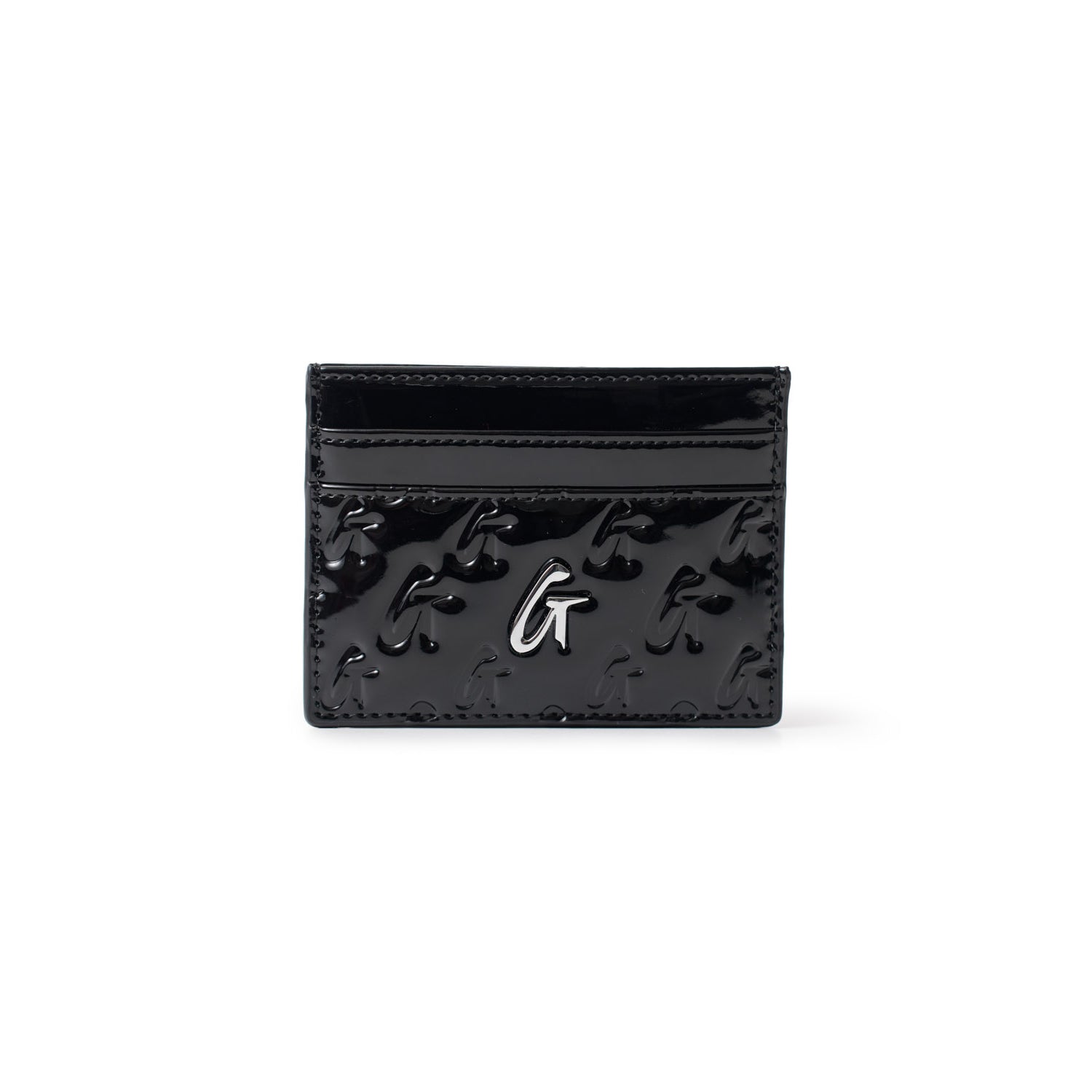 Mirror black Monogram silver card holder with embossed logo and sleek, shiny finish.
