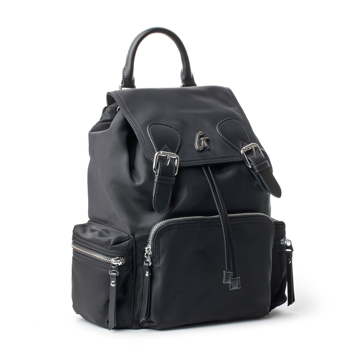 Black nylon backpack with multiple zippered compartments, adjustable straps, and a top handle for carrying.