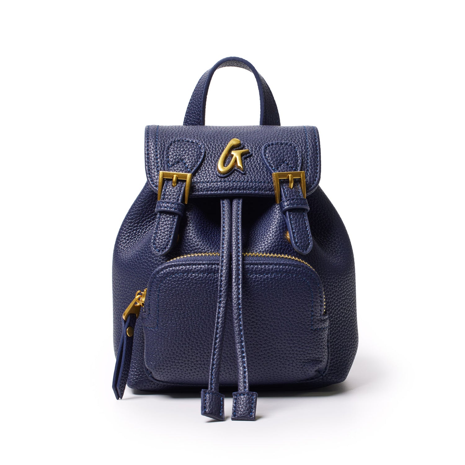 Mini navy pebble crossbody backpack with gold hardware, front zip pocket, and adjustable straps.