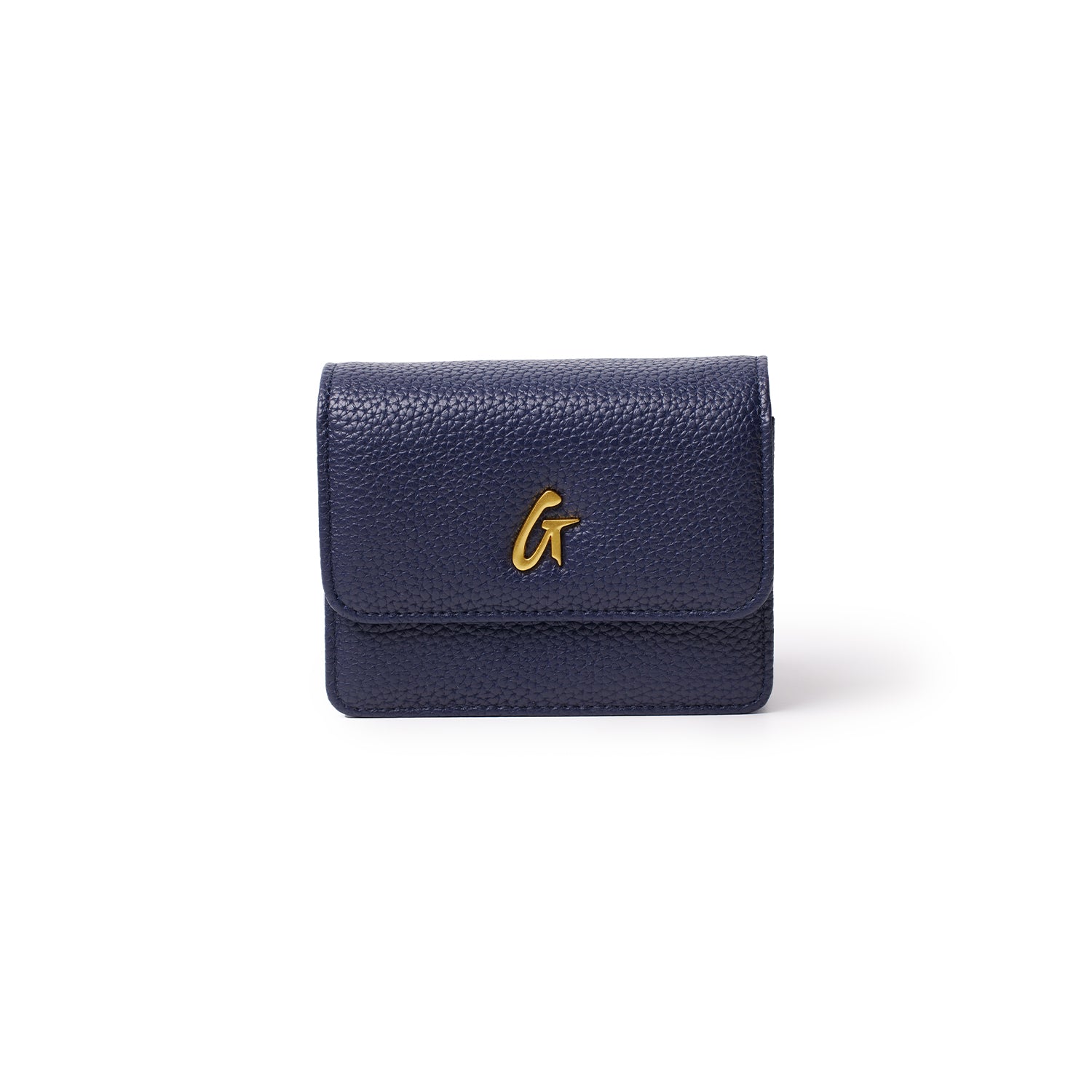 Mini pebble navy wallet with a gold "G" logo, featuring textured leather and compact design.