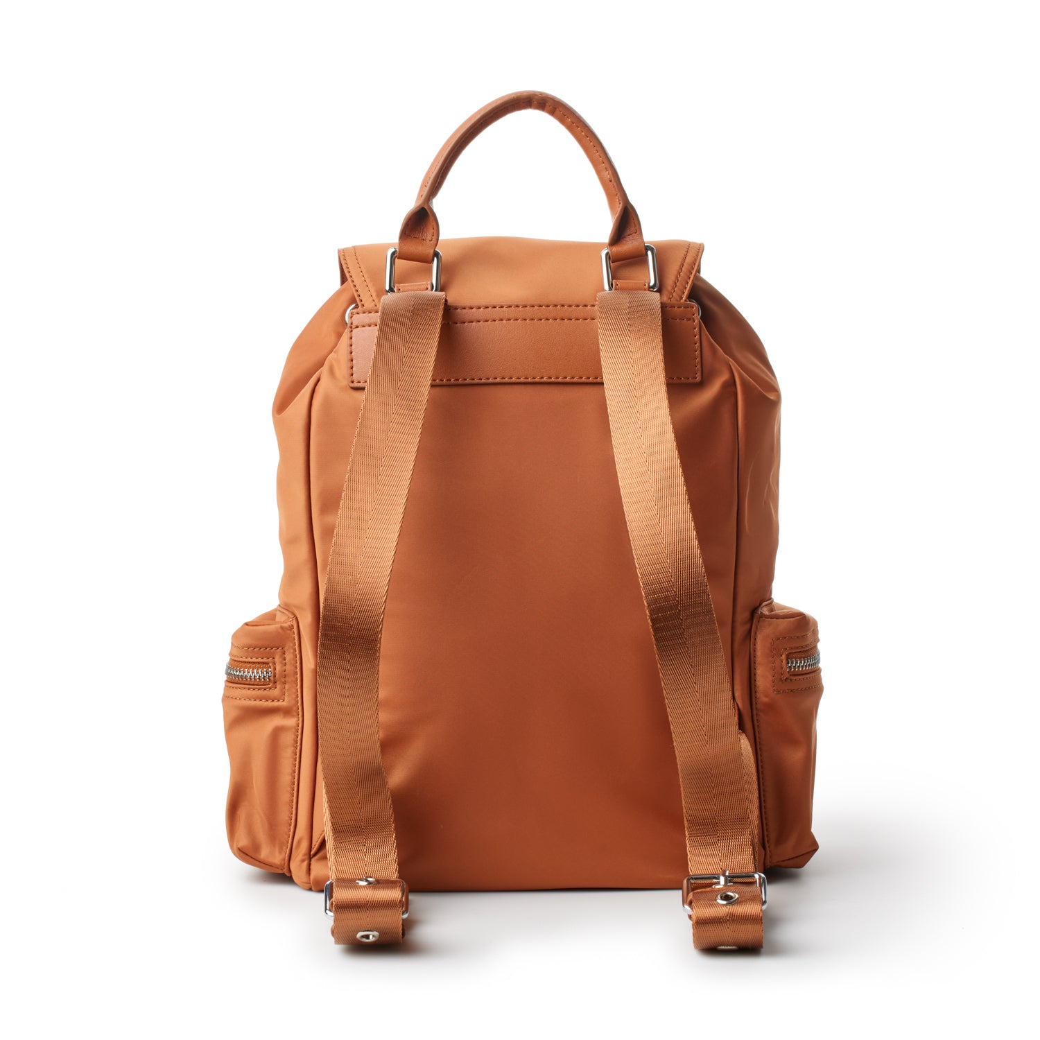 Brown nylon backpack with adjustable straps, side zipper pockets, and a top handle, ideal for everyday use.