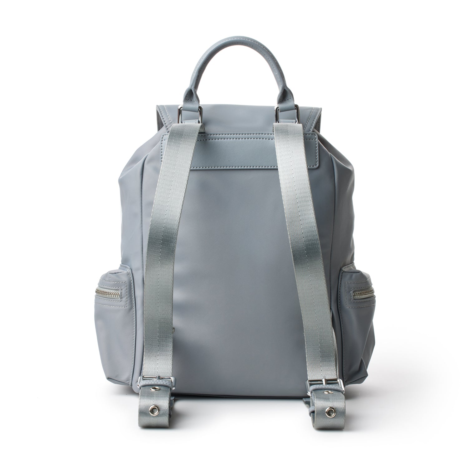 Gray nylon backpack with adjustable straps, side zip pockets, top handle, and a sleek, minimalist design.