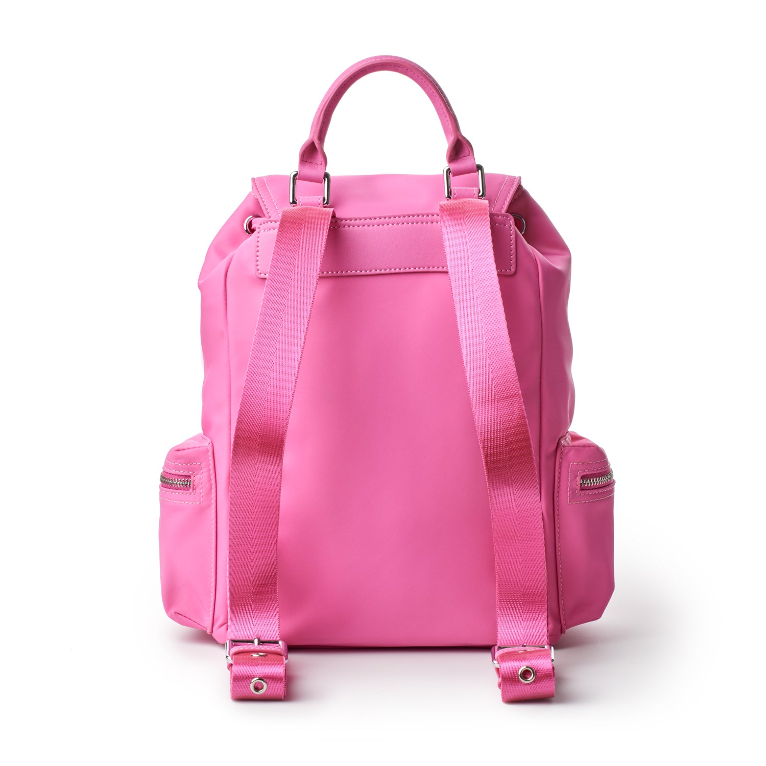 Bright pink nylon backpack with adjustable straps, a top handle, and zippered side pockets.