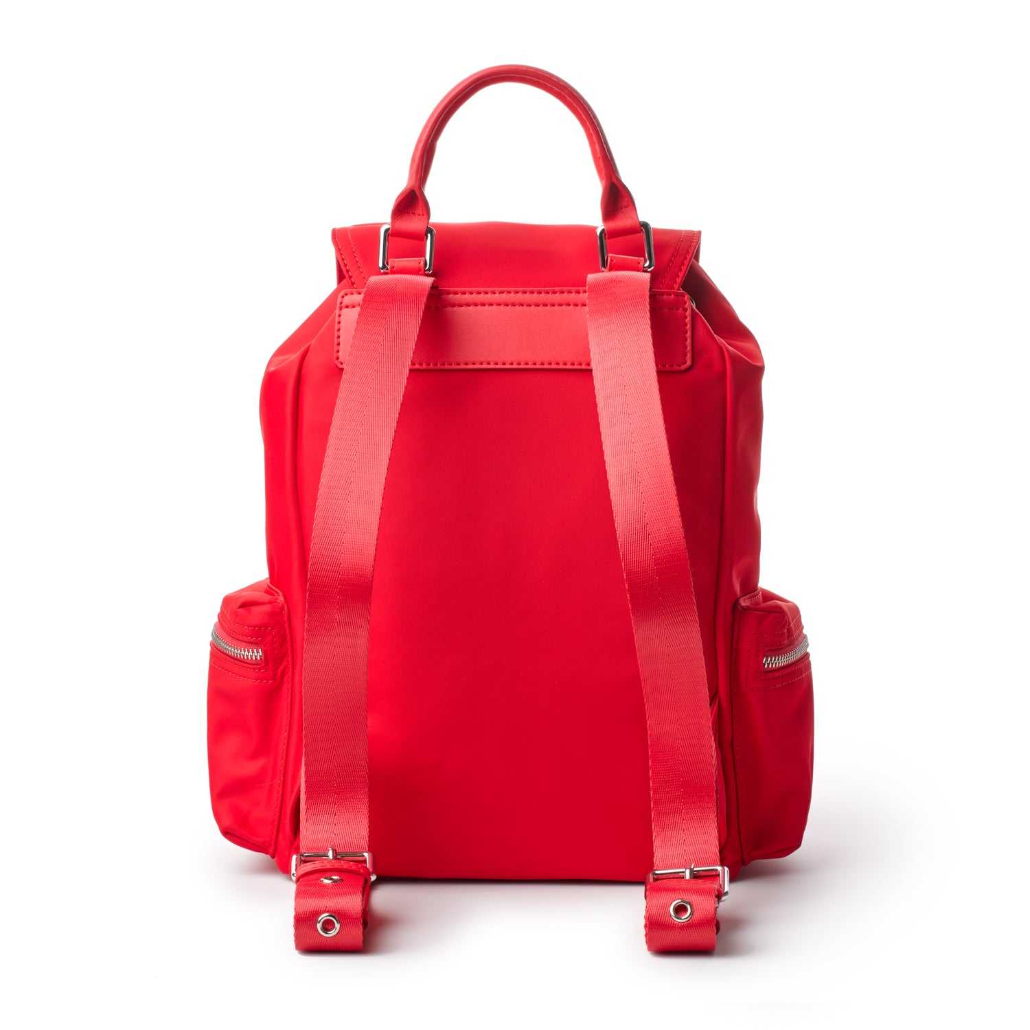 Red nylon backpack with adjustable straps, side zip pockets, and a top handle, designed for everyday use.