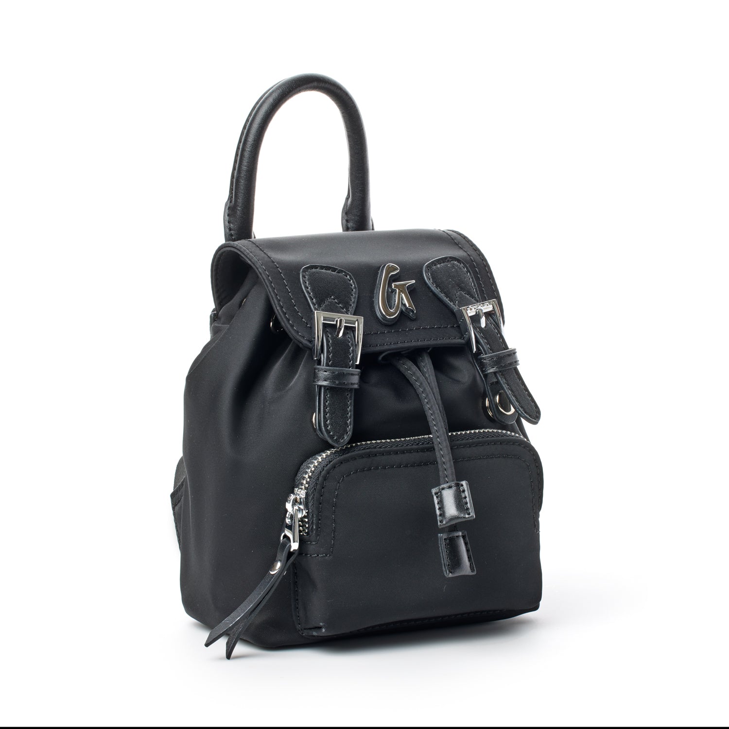 Small black nylon backpack with a top handle, front zipper pocket, and silver hardware accents.