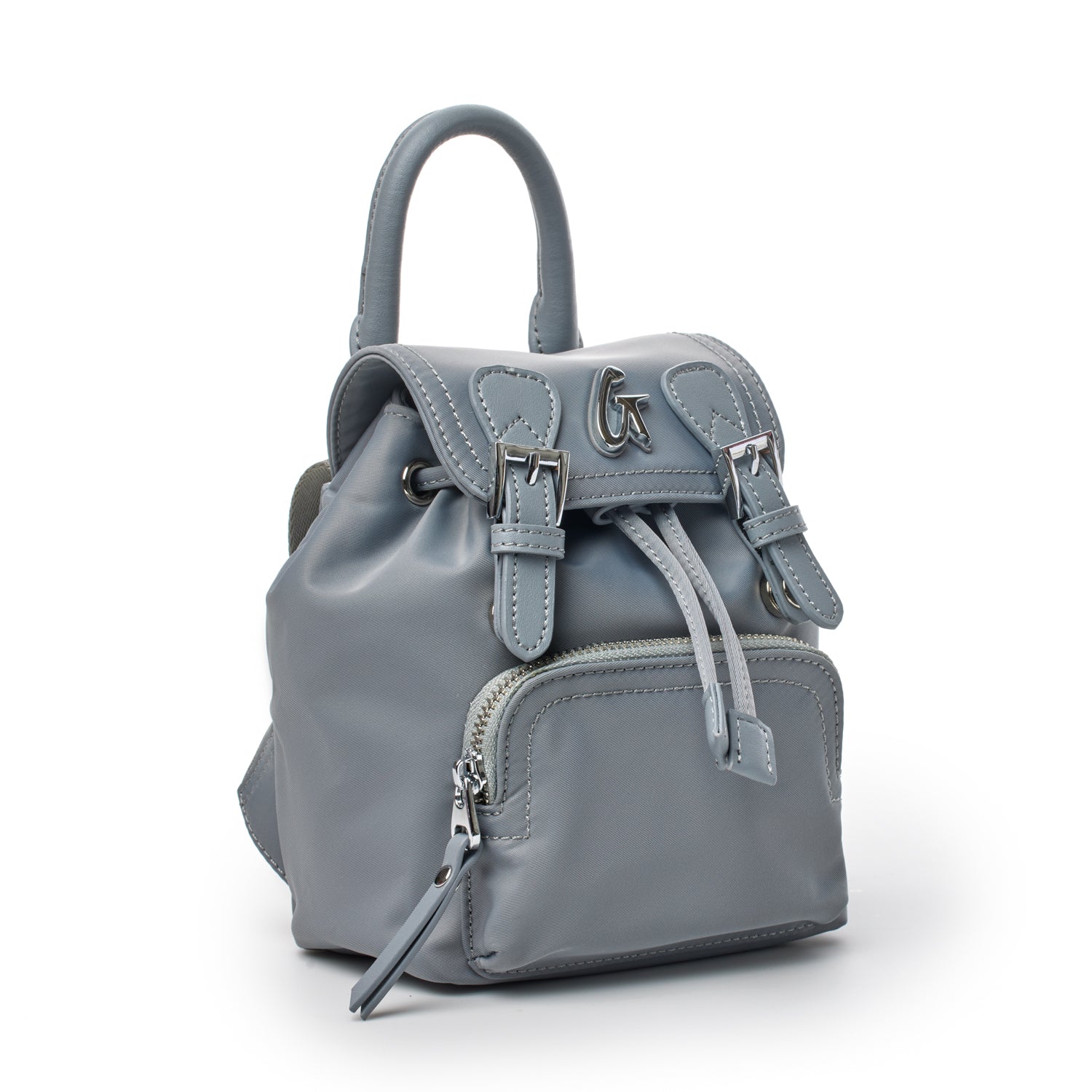 Small gray nylon backpack with a top handle, front zip pocket, and adjustable straps, stylish and lightweight for daily use.
