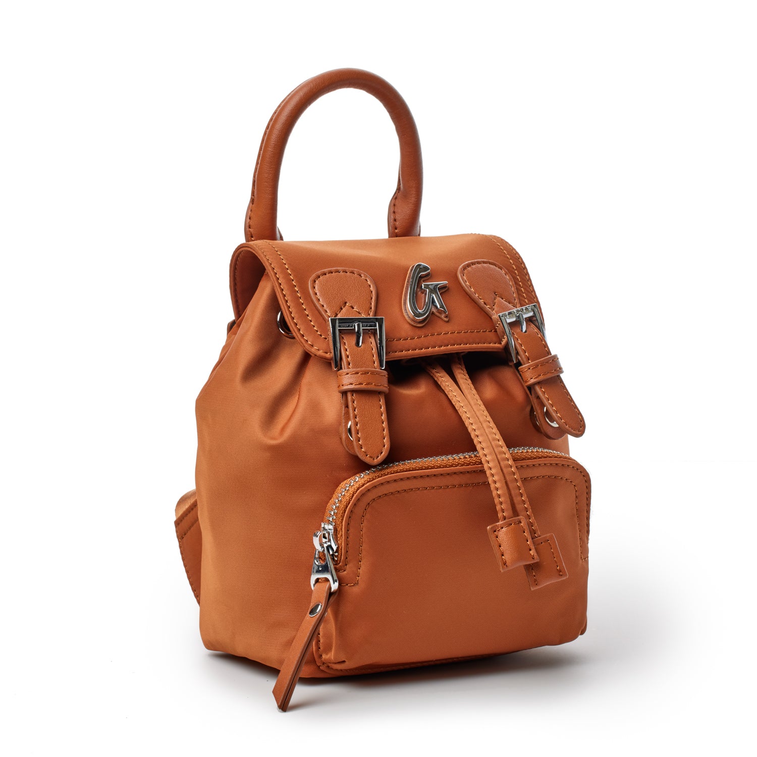 Small brown nylon backpack with a top handle, front zip pocket, and silver hardware, including buckle accents and logo details.