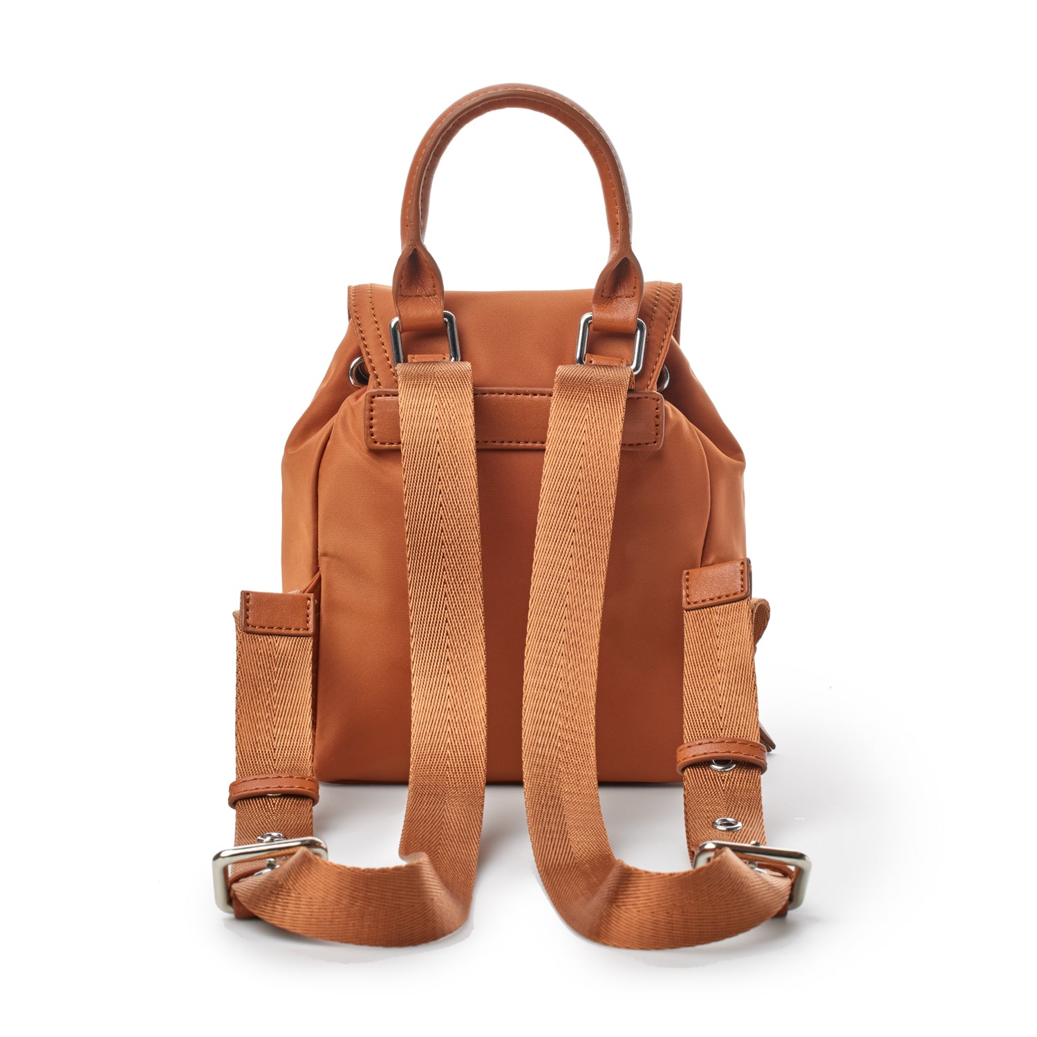 Small brown nylon backpack with adjustable straps, top handle, and metal hardware, ideal for casual everyday use.