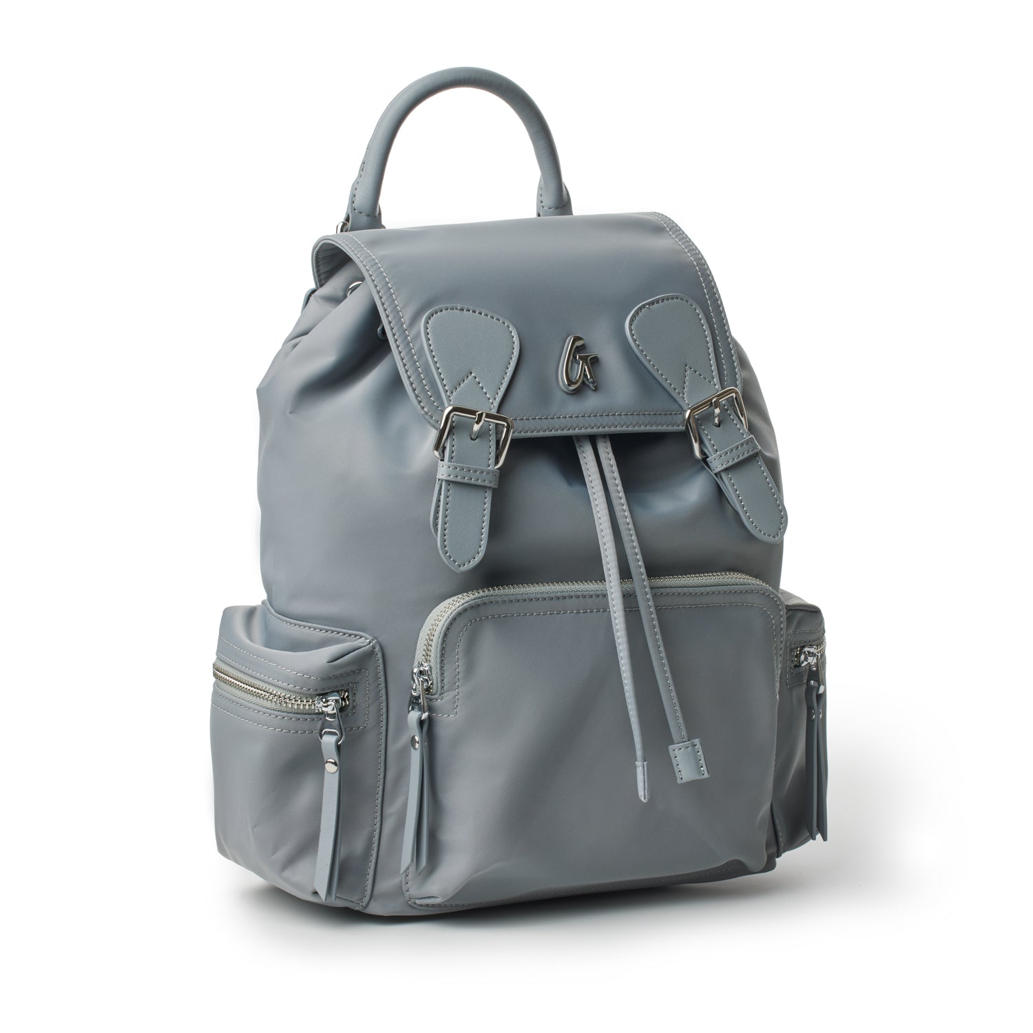 Gray nylon backpack with multiple zippered compartments, adjustable straps, and a top handle for versatile carrying.