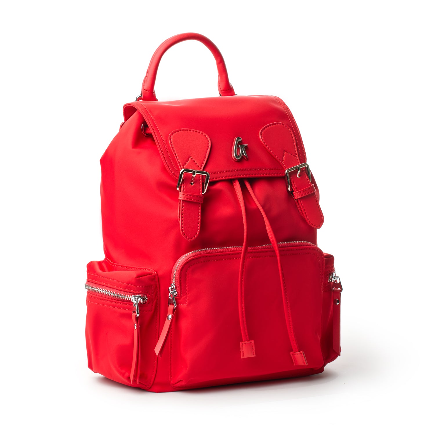 Red nylon backpack with multiple zippered compartments, adjustable straps, and a top handle for versatile carrying.