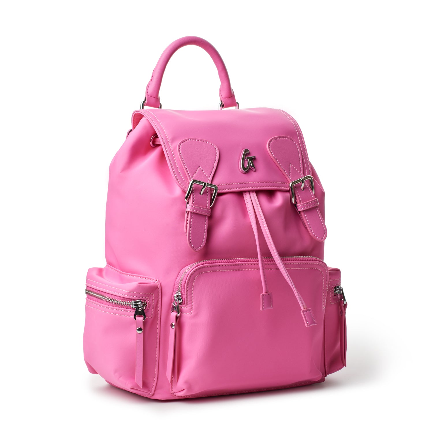 Pink nylon backpack with multiple zippered pockets, adjustable straps, and a top handle for versatile carrying.