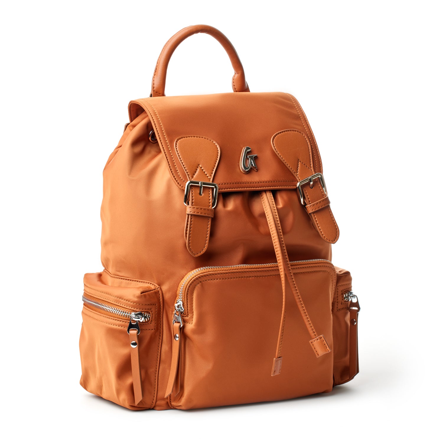 Brown nylon backpack with multiple zippered compartments, adjustable straps, and a top handle for versatile carrying.