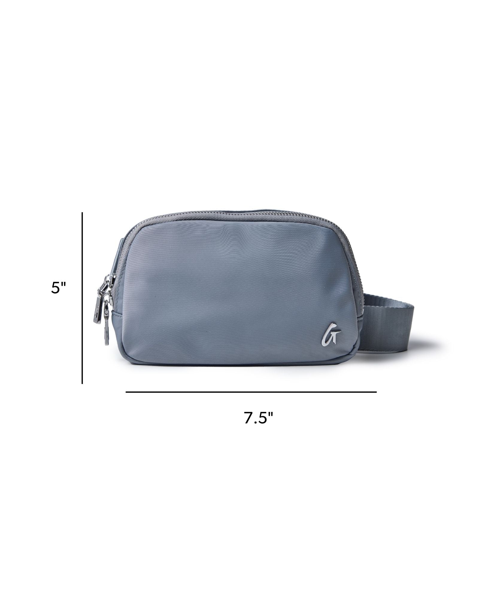 Gray nylon fanny pack with a zippered closure and adjustable strap, measuring 7.5 inches wide by 5 inches tall.