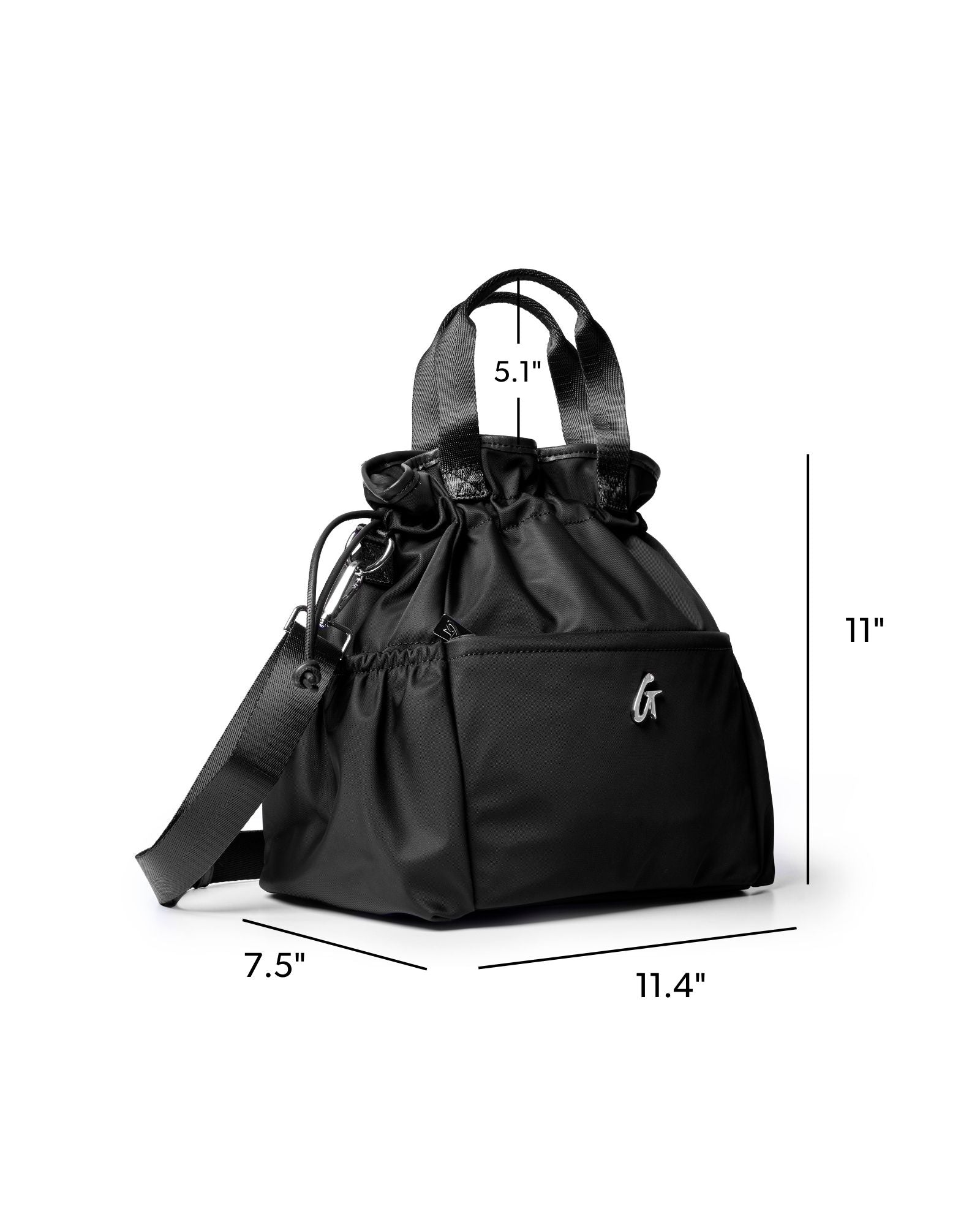 Stylish black nylon lunch bag with adjustable strap, featuring a drawstring closure and exterior pocket.