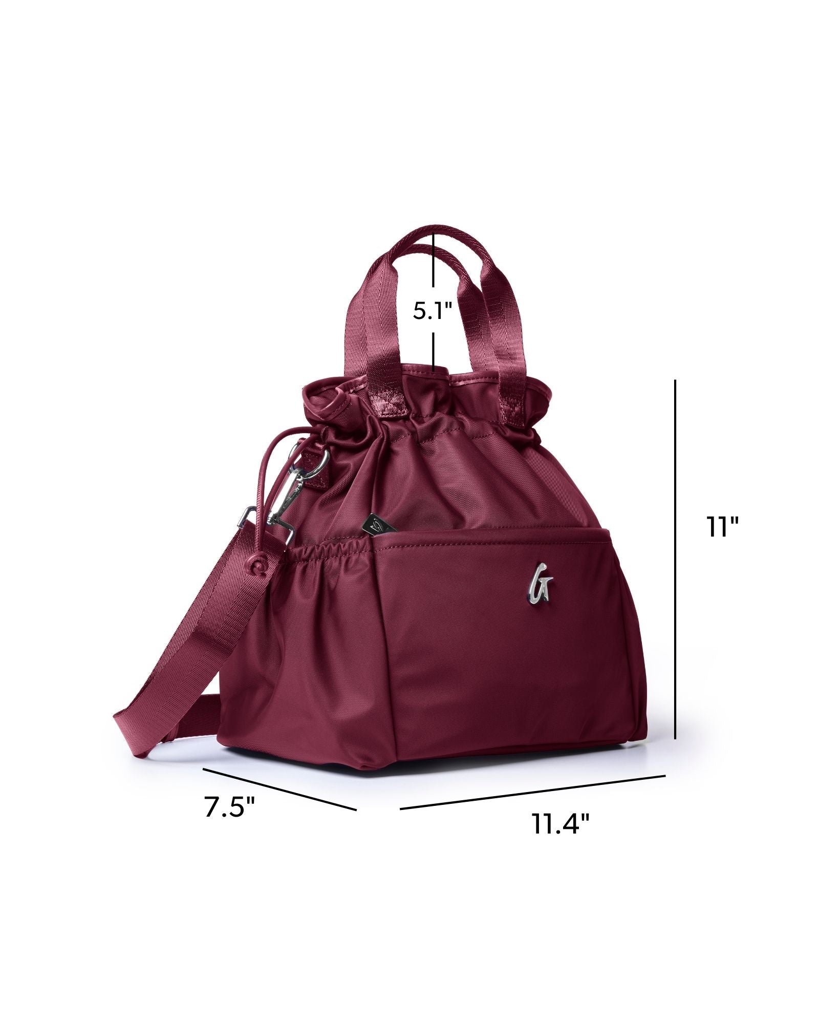 Burgundy nylon lunch bag with a drawstring top, side pocket, and adjustable strap for stylish, practical use.