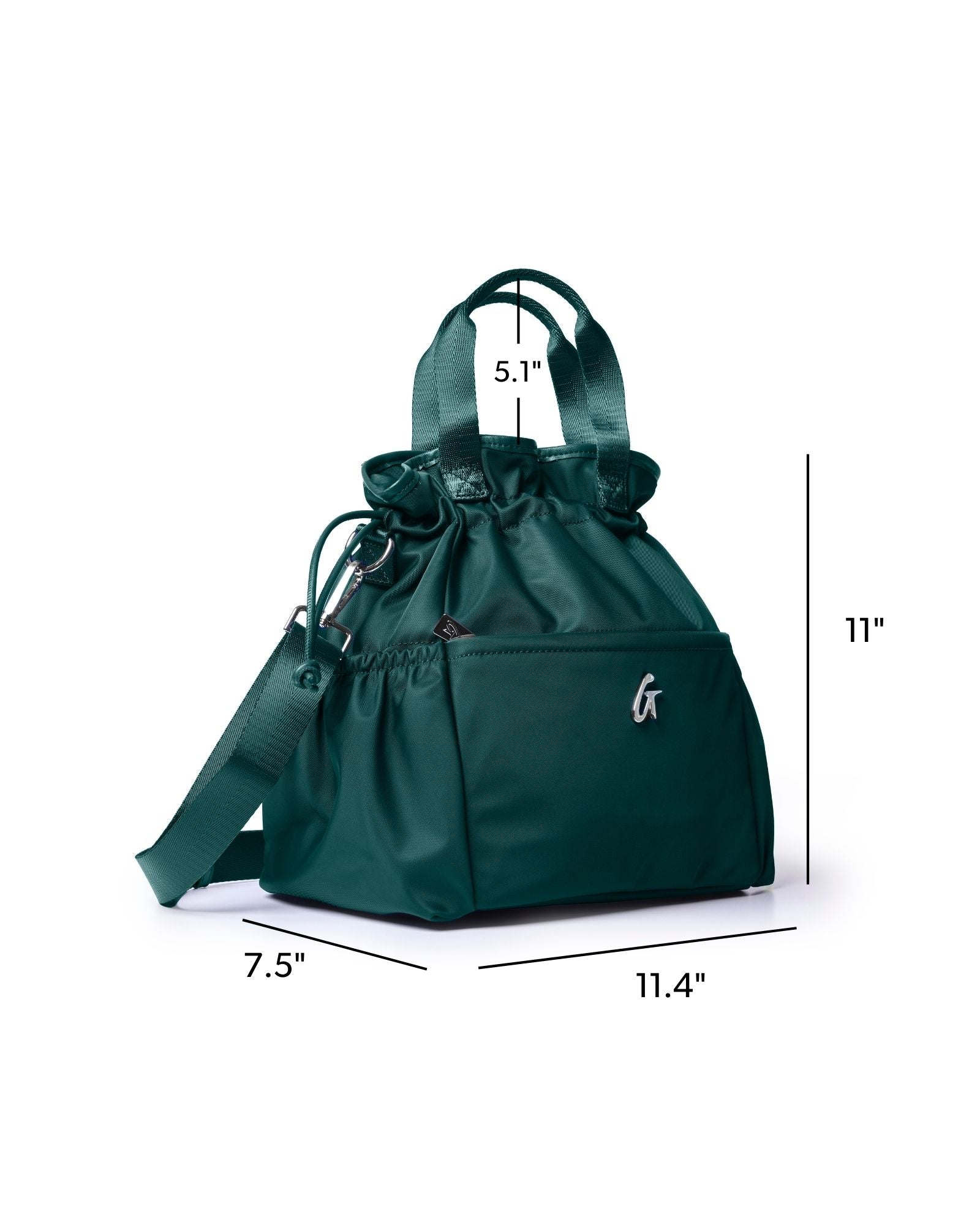 Green nylon lunch bag with a drawstring closure, featuring a shoulder strap and side pocket for convenience.