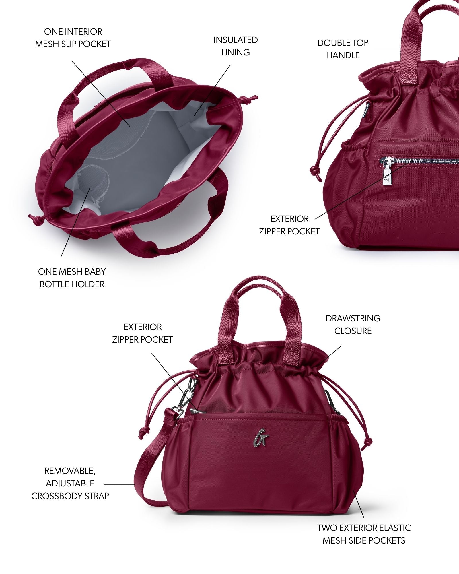 Burgundy nylon lunch bag with insulated lining, double top handles, and adjustable crossbody strap. Features exterior pockets.