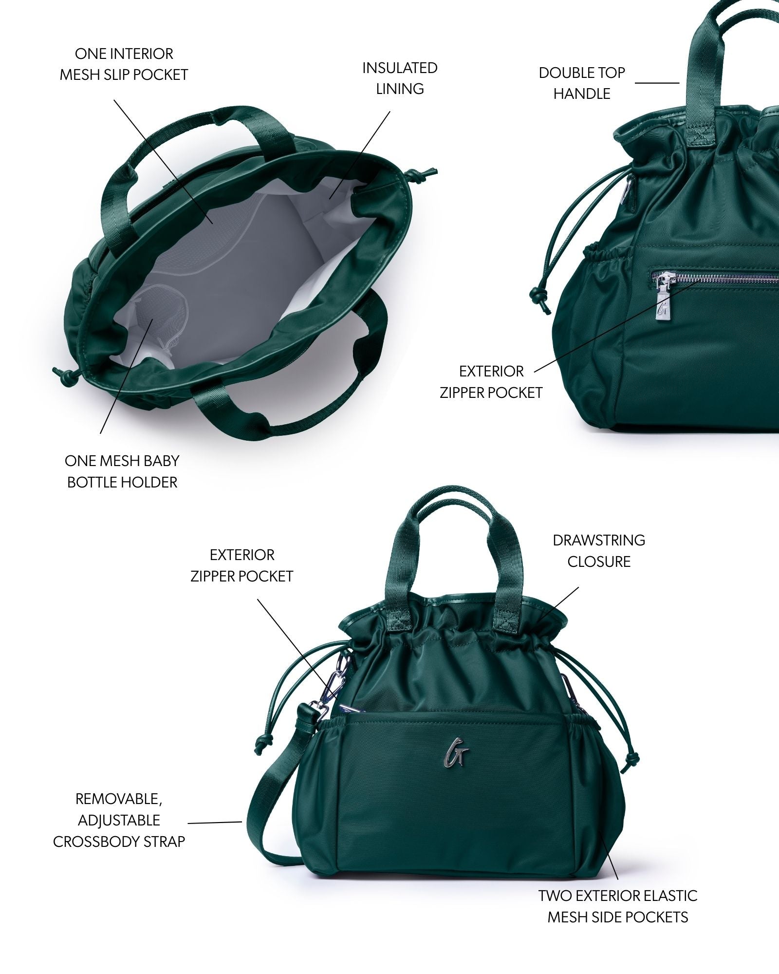 Green nylon lunch bag featuring insulated lining, double top handles, and multiple exterior pockets for convenience.