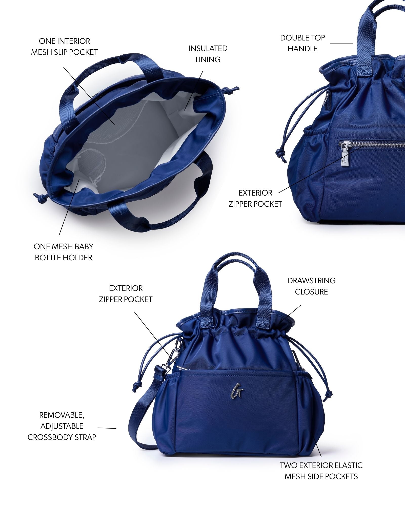 Navy nylon lunch bag featuring insulated lining, double top handles, and multiple pockets for convenience.