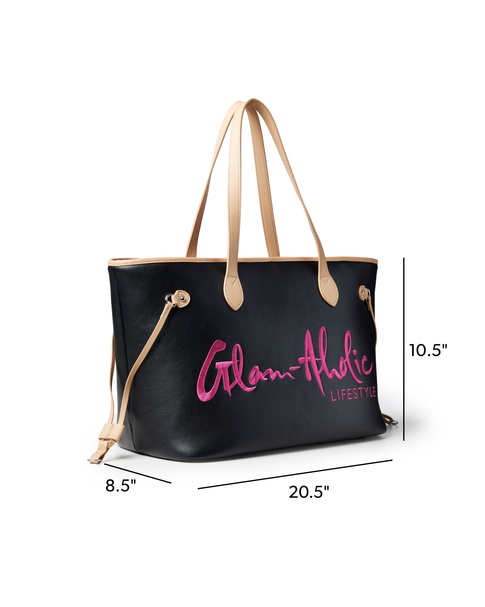 Spacious black tote bag with pink Glam-Aholic Lifestyle logo and beige straps, perfect for everyday luxury.