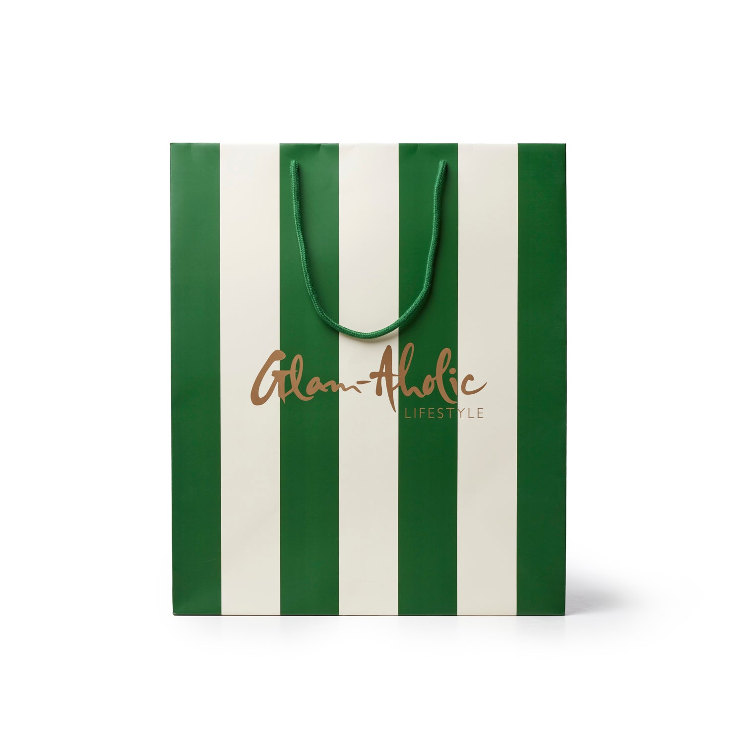 Green and cream striped gift bag featuring the Glam-Aholic Lifestyle logo, perfect for stylish gifting.