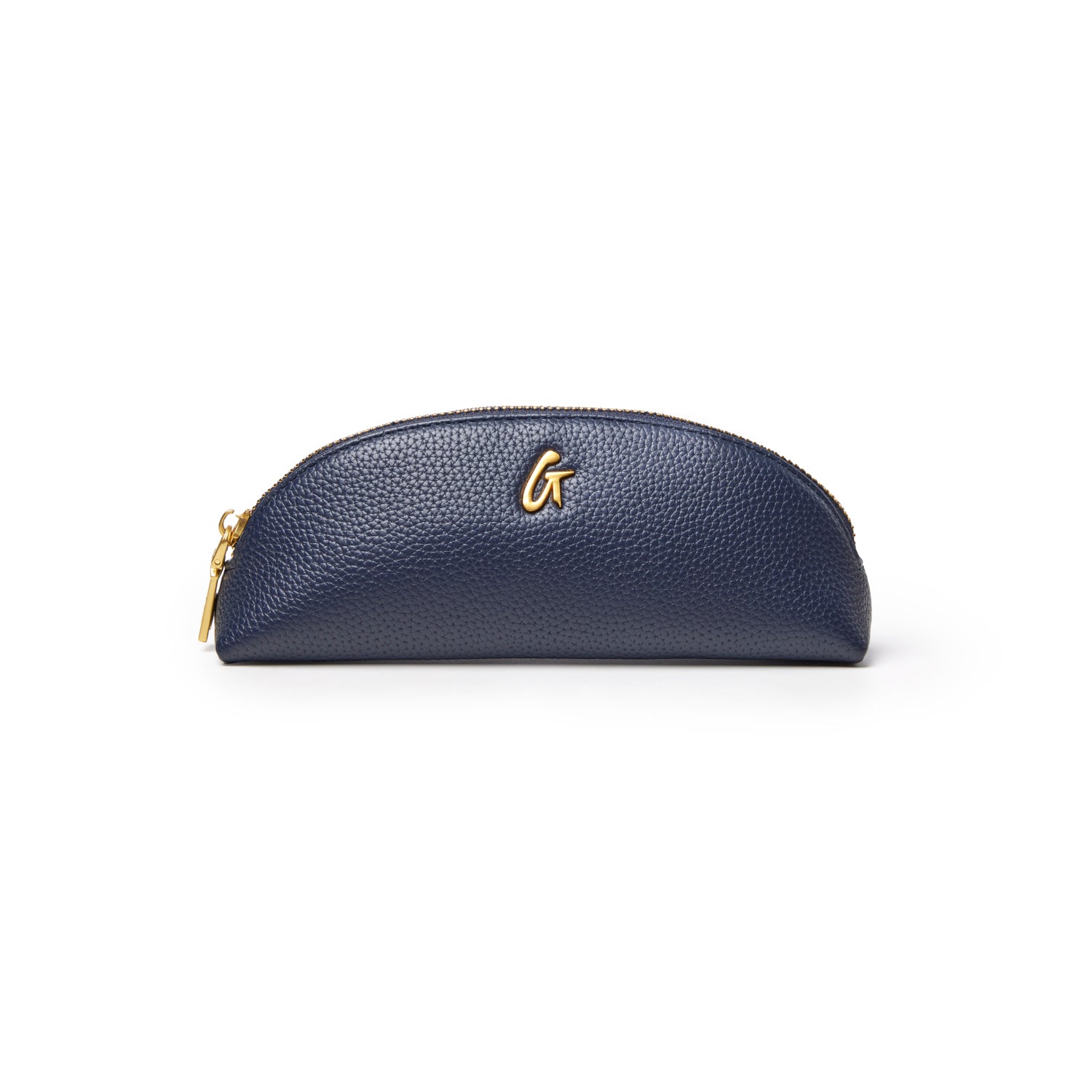 Navy pebble pencil pouch with a textured finish and gold logo, perfect for stylish organization.