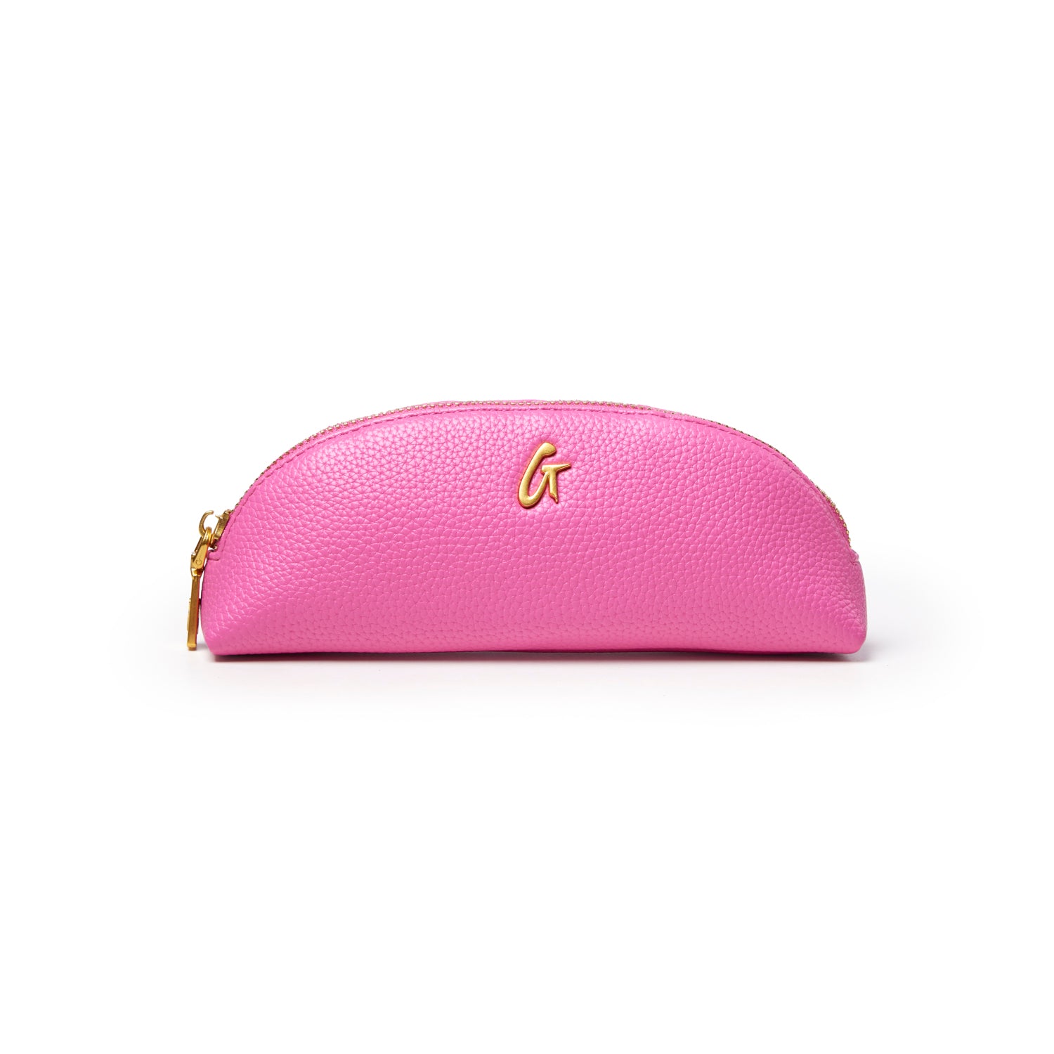 Hot pink pebble pencil pouch with a gold zipper and logo, perfect for stylish organization of writing tools.