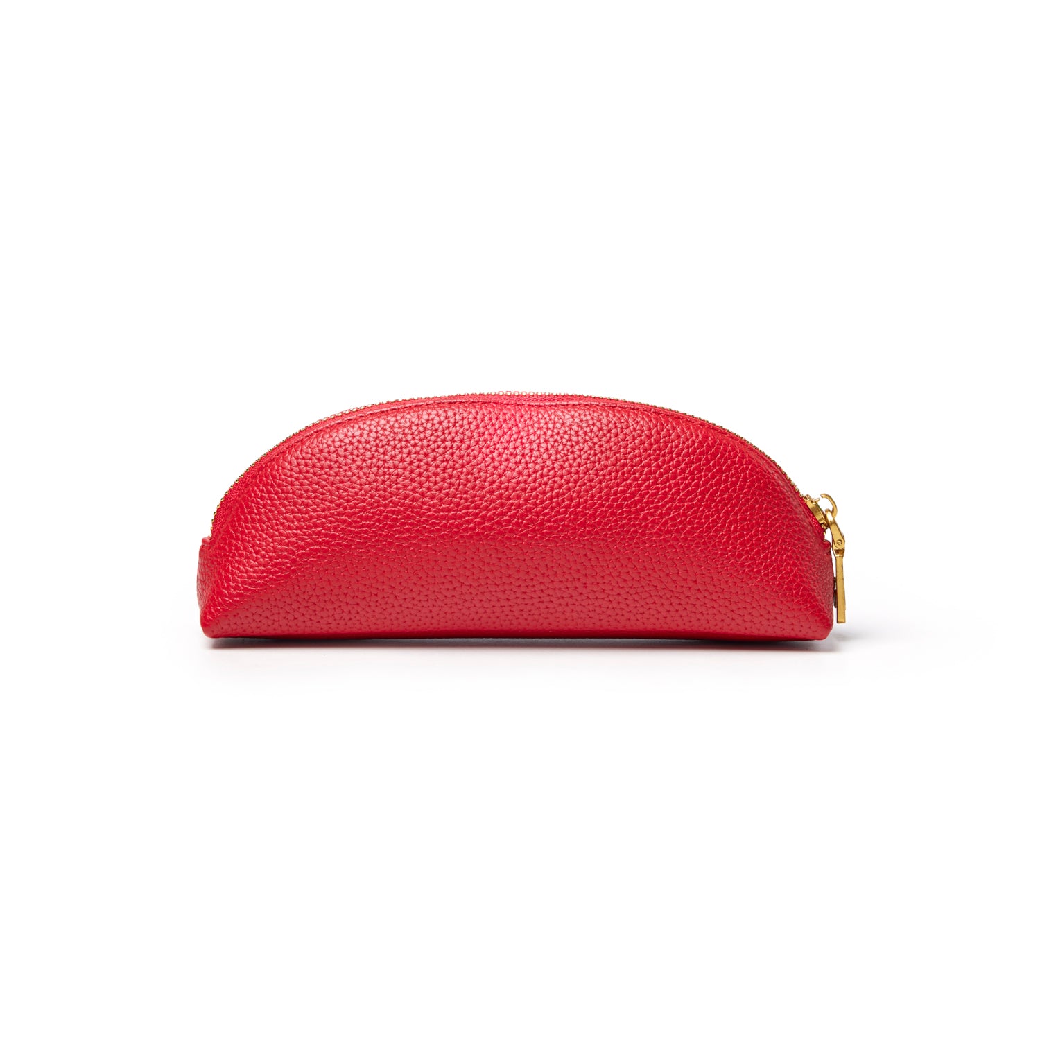 Red pebble-textured pencil pouch with a rounded shape and gold zipper, perfect for stylish organization.
