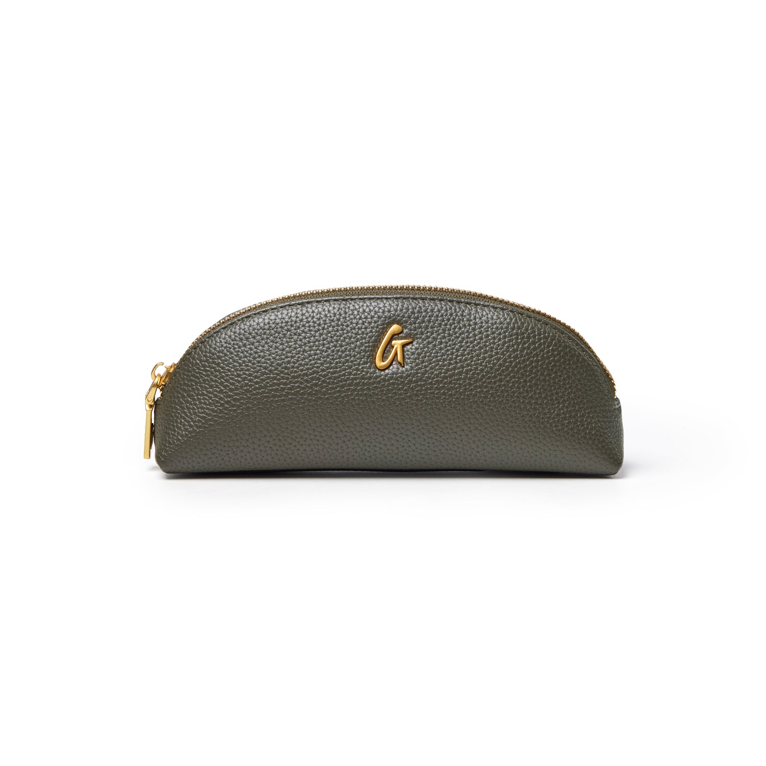 Olive green pebble pencil pouch with a gold zipper and logo, perfect for stylish organization.